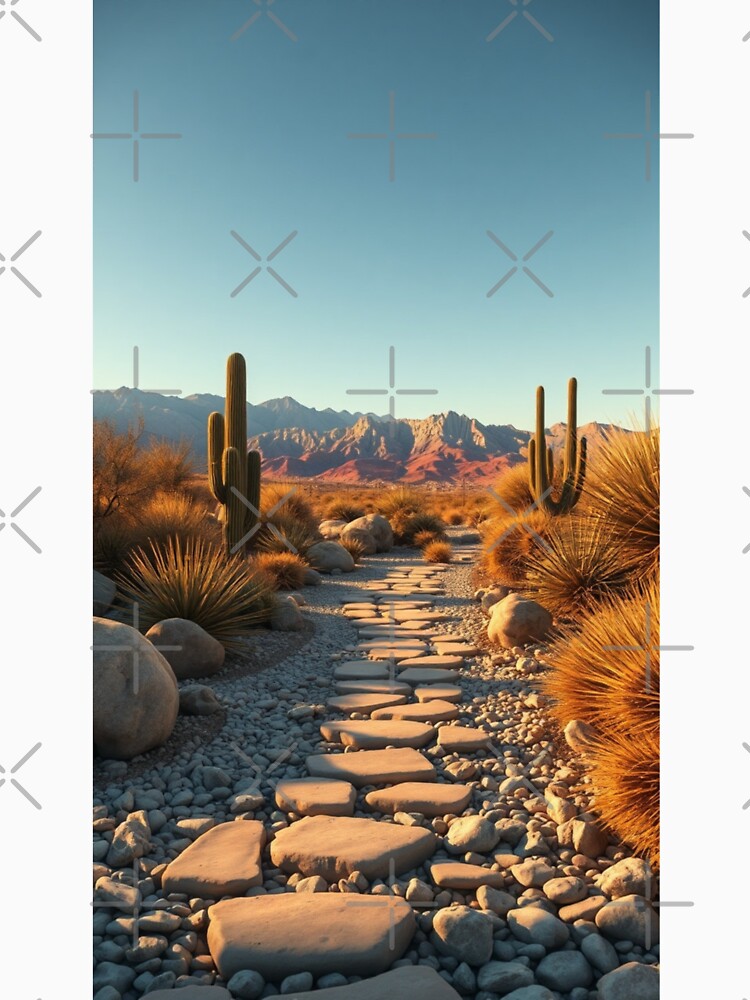 Sunlit Desert Pathway with Cacti and Mountains by Jade Ado