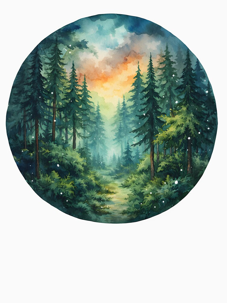 Enchanted Forest Path at Sunset – Watercolor Pine Landscape Art by Senkov