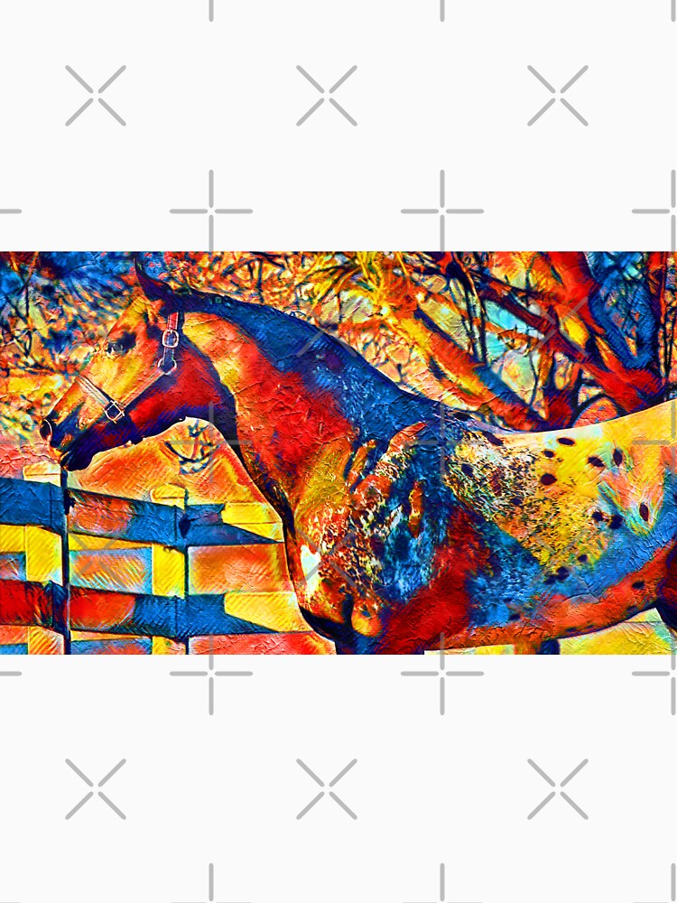 Appaloosa horse sitting near a tree and fence – colorful painting in blue, red and yellow by NickoPrints