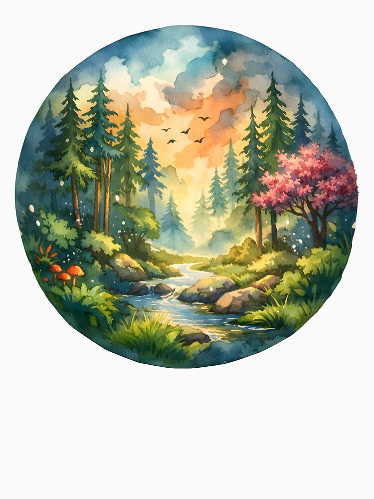 Enchanted Forest Stream Watercolor Illustration | Dreamy Nature Landscape Art by Senkov