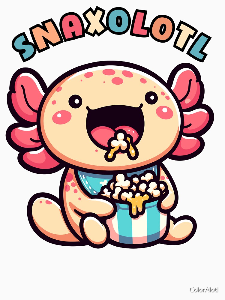 Cute Kawaii pink axolotl eating popcorn | Snaxolotl by ColorAlotl