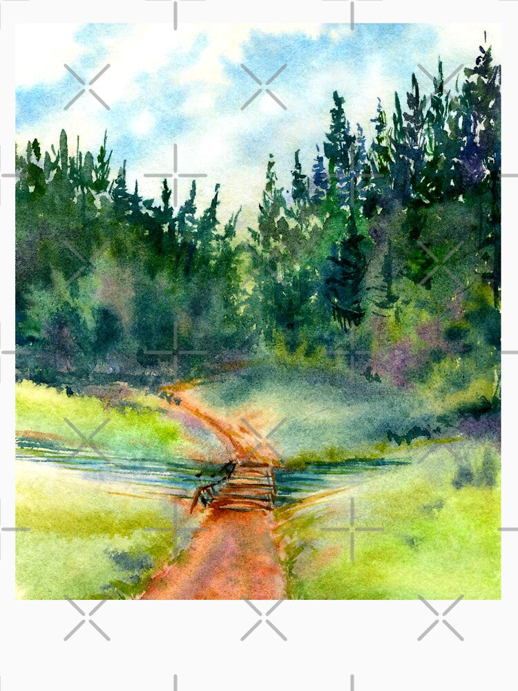 Path In The Pine Forest, Watercolor Landscape Painting by DaisyPaints