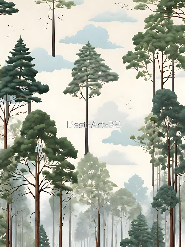 Serene Forest Scene with Tall Trees and a Clear Sky: A Tranquil Escape by Best-Art-32
