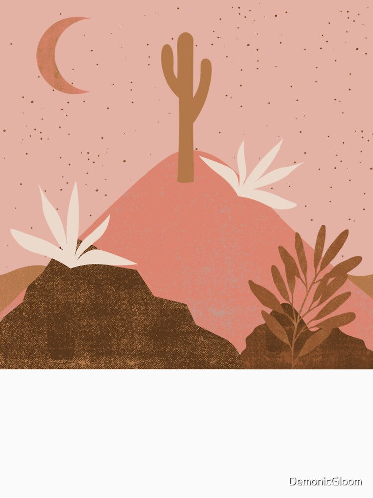 Desert chic hills cactus and moon Pink and gold, by DemonicGloom