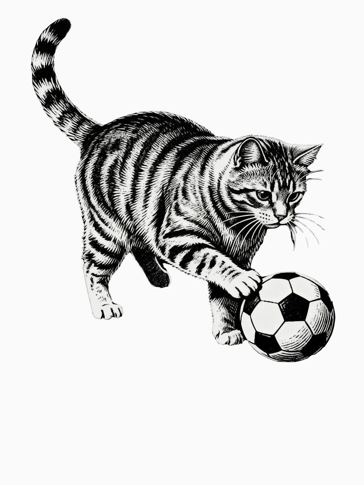 Tabby Cat Playing Soccer – Vintage Engraving Illustration by CatVibesStudio