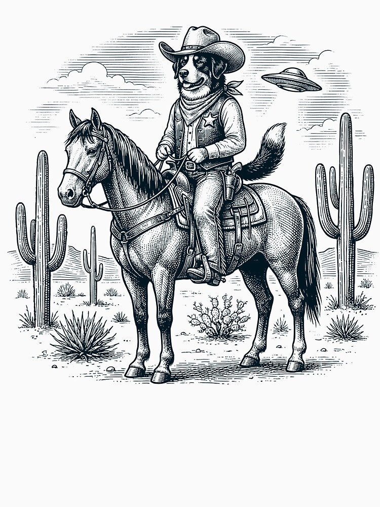 Vintage Bernese Mountain Dog Cowboy Desert Horse UFO Cactus Dog Lover by DoodleTortle
