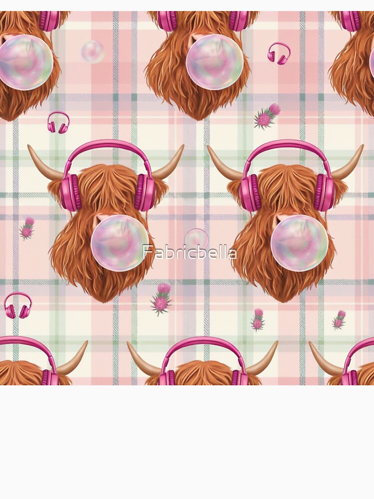 Cute Highland Cow Blowing Bubblegum with Pink Headphones Plaid Pattern by Fabricbella