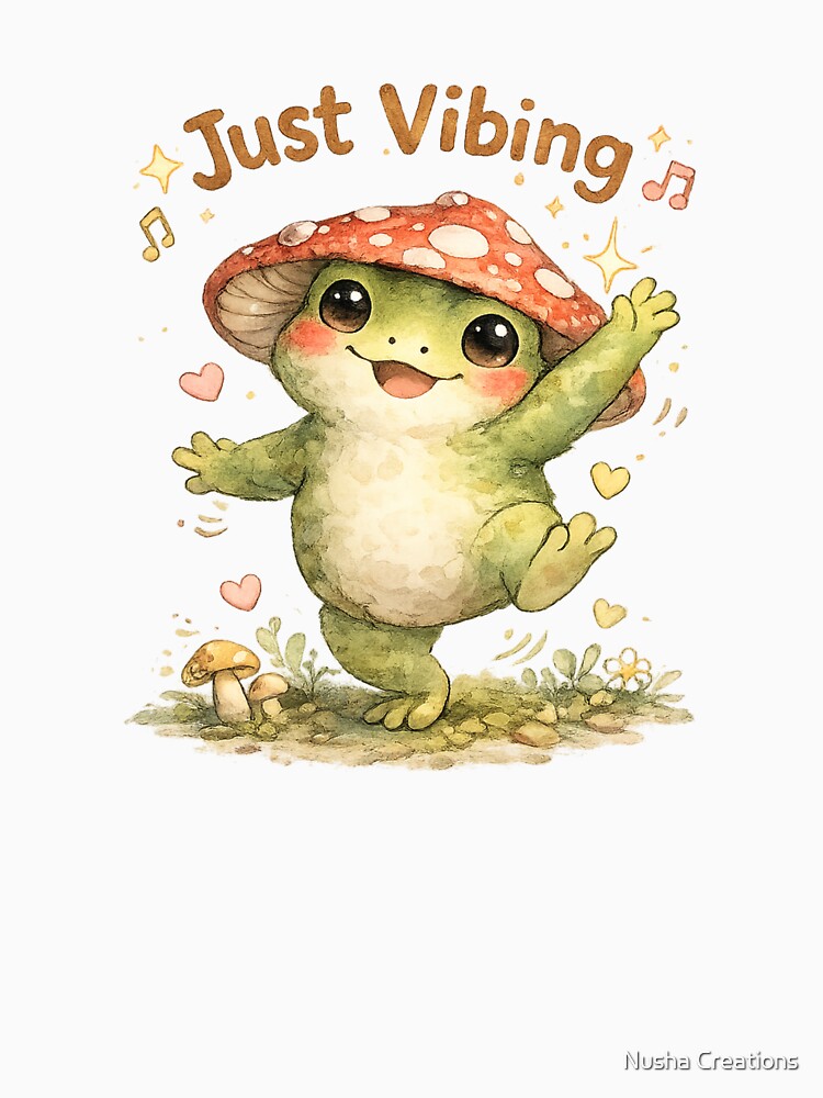 Just Vibing Frog – Cute Dancing Frog Cottagecore Watercolor Illustration by Nusha Creations