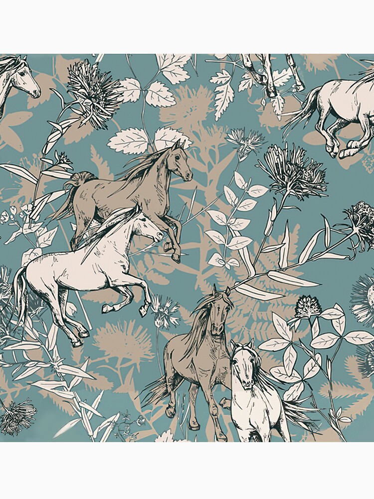 Floral Horse Sketch On Blue Pattern by CheekyChicChic