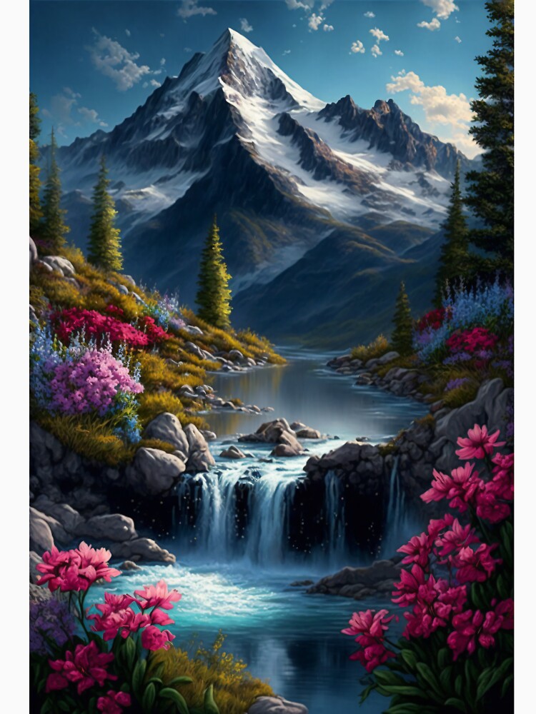 Flowery mountain with running waterfall by Dannypryce