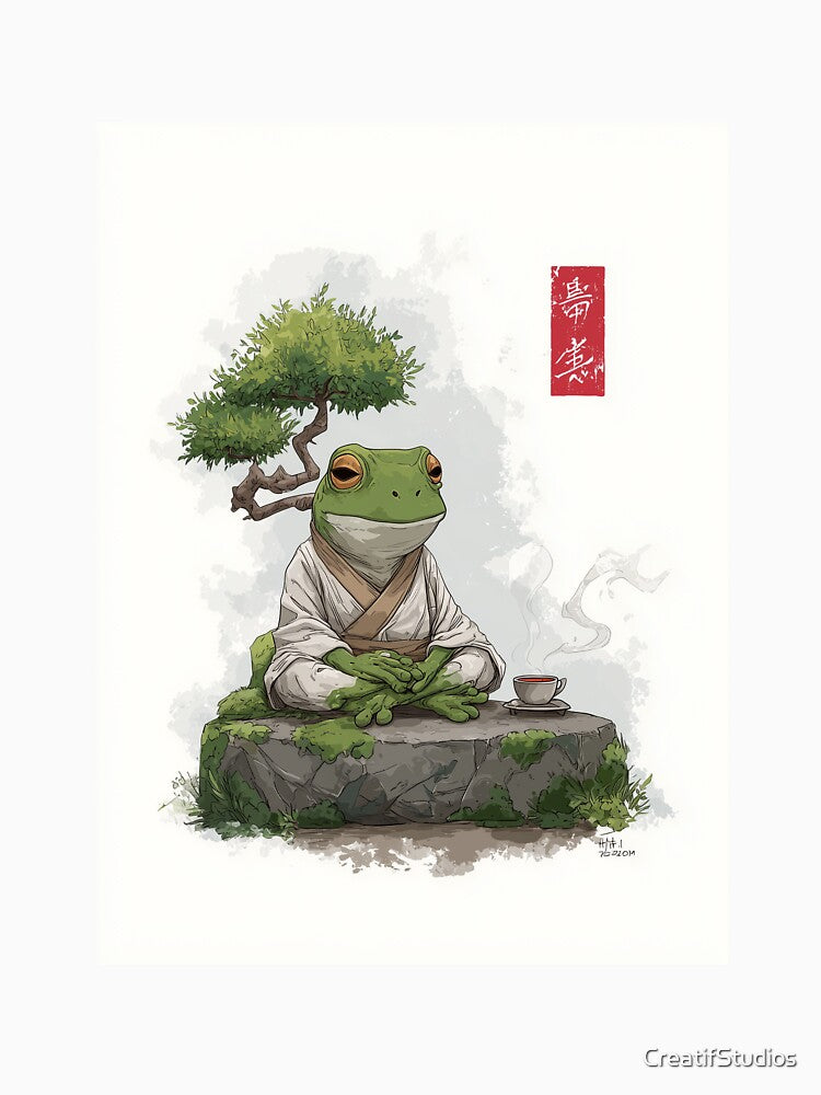 Zen Frog with Tea and Minimalist Bonsai by CreatifStudios