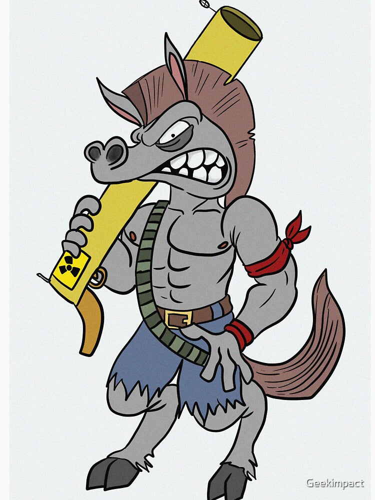 Angry war horse carrying a nuke cartoon by Vintage Designs +