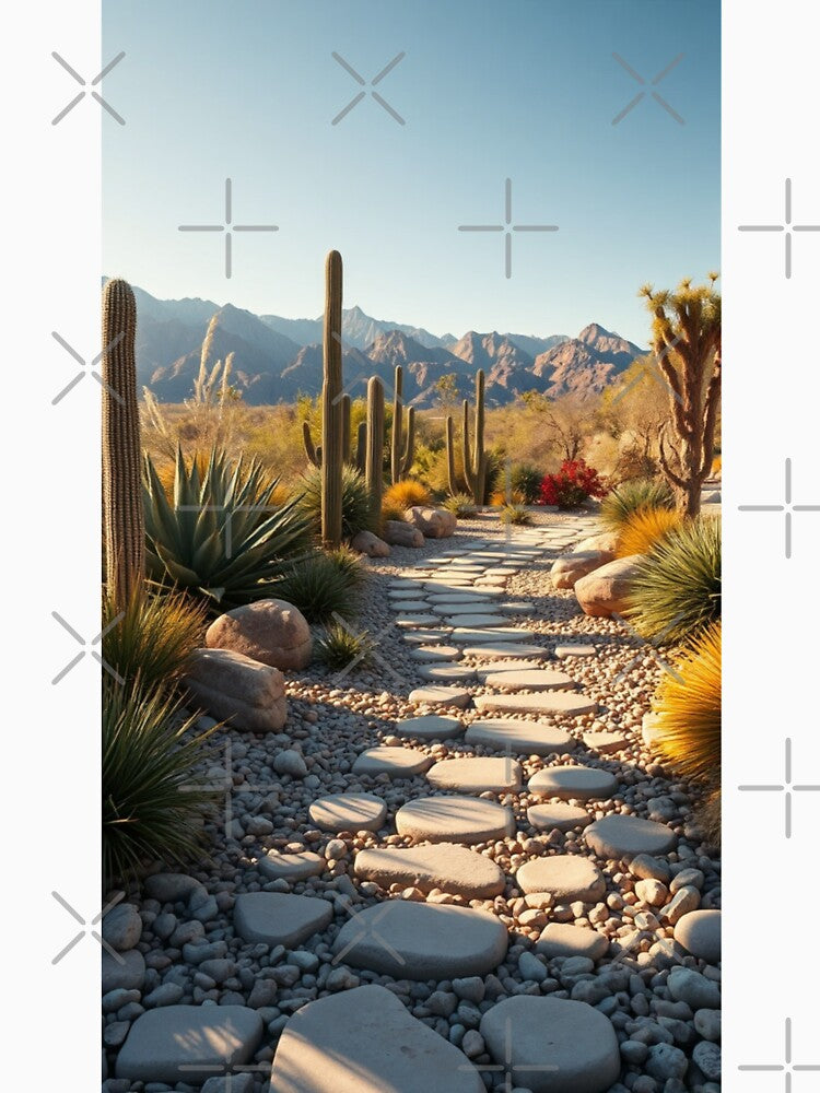 Desert Garden Pathway with Cacti and Mountains by Jade Ado