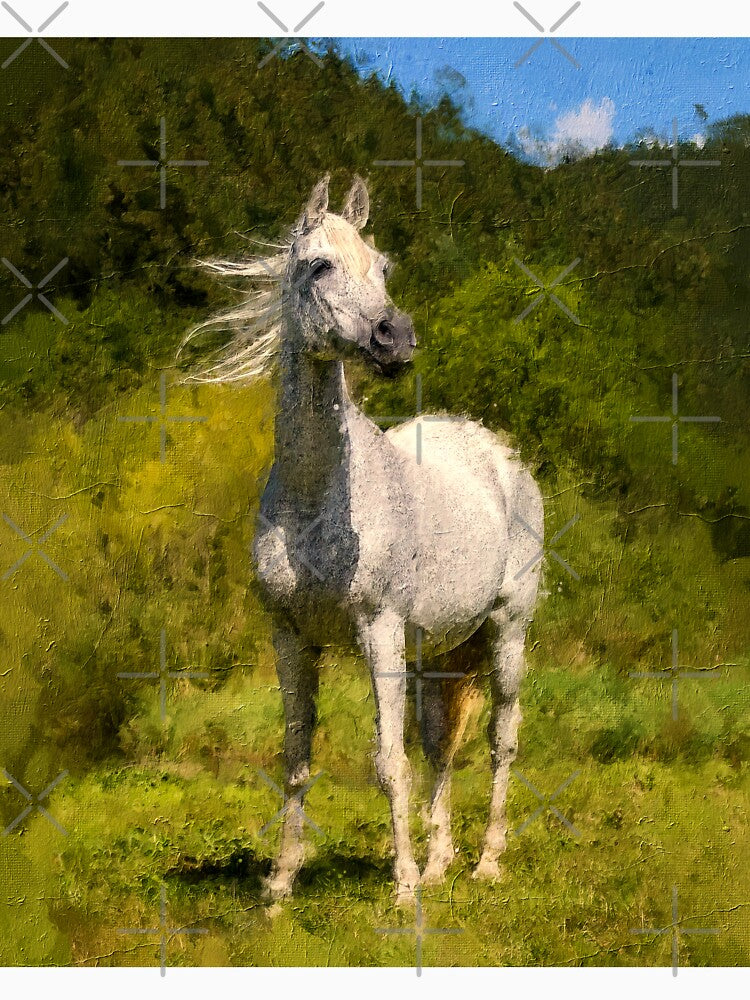 White Arabian horse sitting in front of a mountain forest – digital painting by NickoPrints