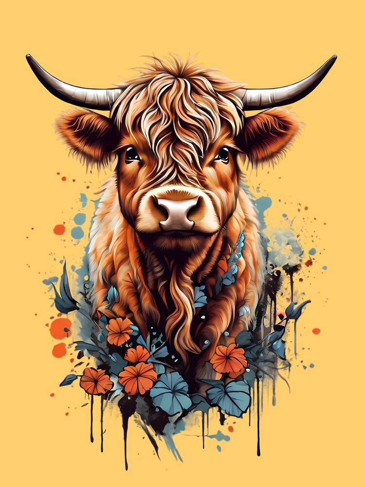 Cute Highland Cow, Red and Blue Flowers by BajanTees