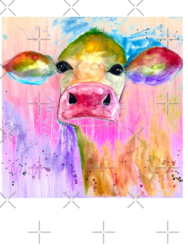 Rainbow Cow Farm Animal Watercolor painting pink by Monika Howarth
