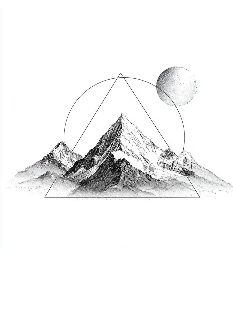 Sacred Geometry Mountain Moon | Dotwork Black and White Art by TypoArtPrints