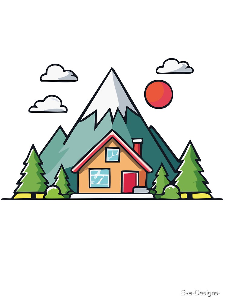 Little mountain house with clouds, sun and trees in the mountain by Eva-Designs-