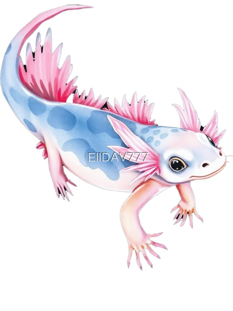 Cute Kawaii Blue Axolotl Watercolor Illustration, Pink Gills Adorable Amphibian Art Print by EllDAV777