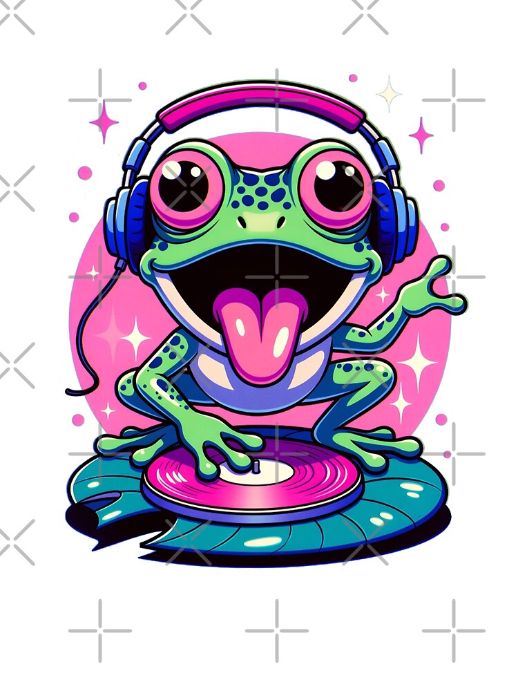 Cute Frog DJ with Headphones Spinning Records Retro Vaporwave Style by PixelQ