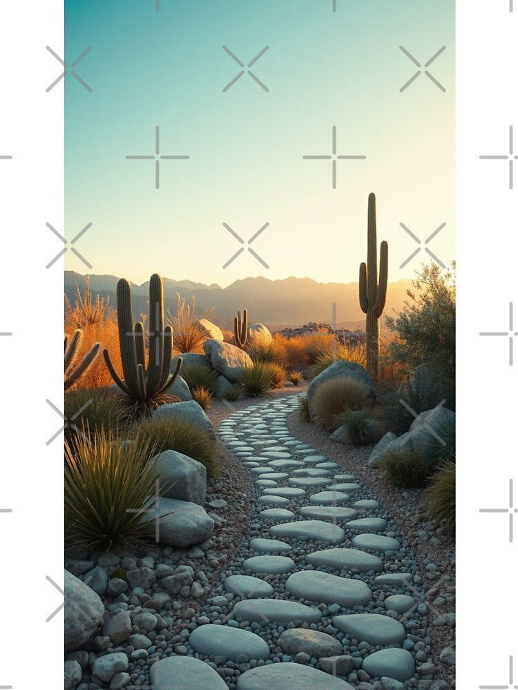 Sunset Desert Pathway with Cacti and Mountains by Jade Ado
