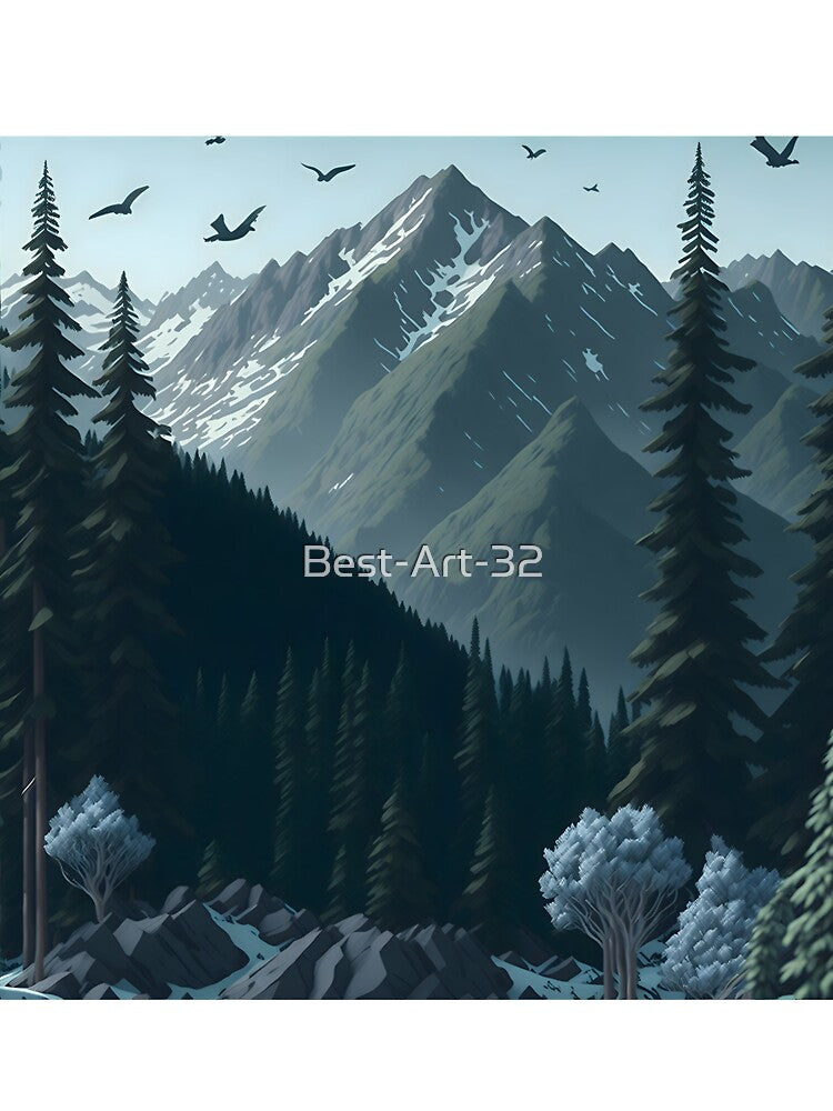 "Mountain Majesty: Artwork Pattern with Cool Grays, Forest Greens, and Realistic Details" by Best-Art-32