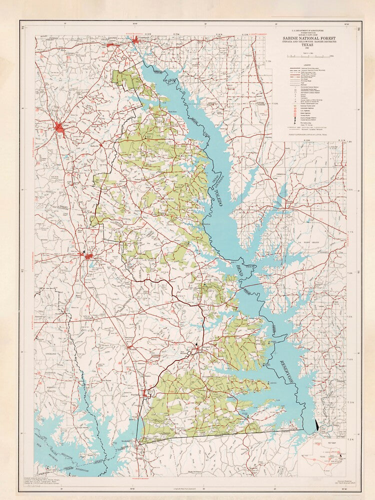 Old Sabine National Forest Map (1968) Vintage Texas Woodland Reserve Atlas by BravuraMedia