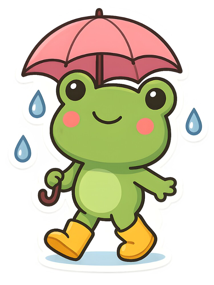 Kawaii Frog in Yellow Rain Boots with Pink Umbrella – Rainy Day by OsasChild