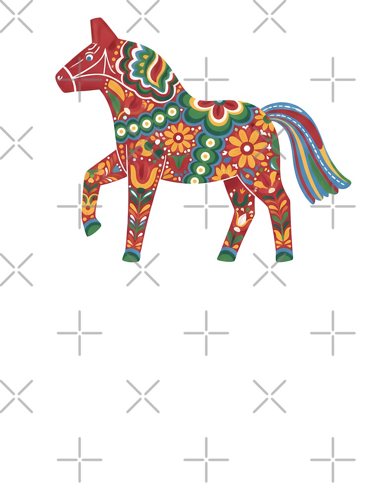 Red Dala Horse with Rainbow Tail – Scandinavian Folk Art Fusion by heidiannemorris © by FOLK ART FUSION by heidiannemorris