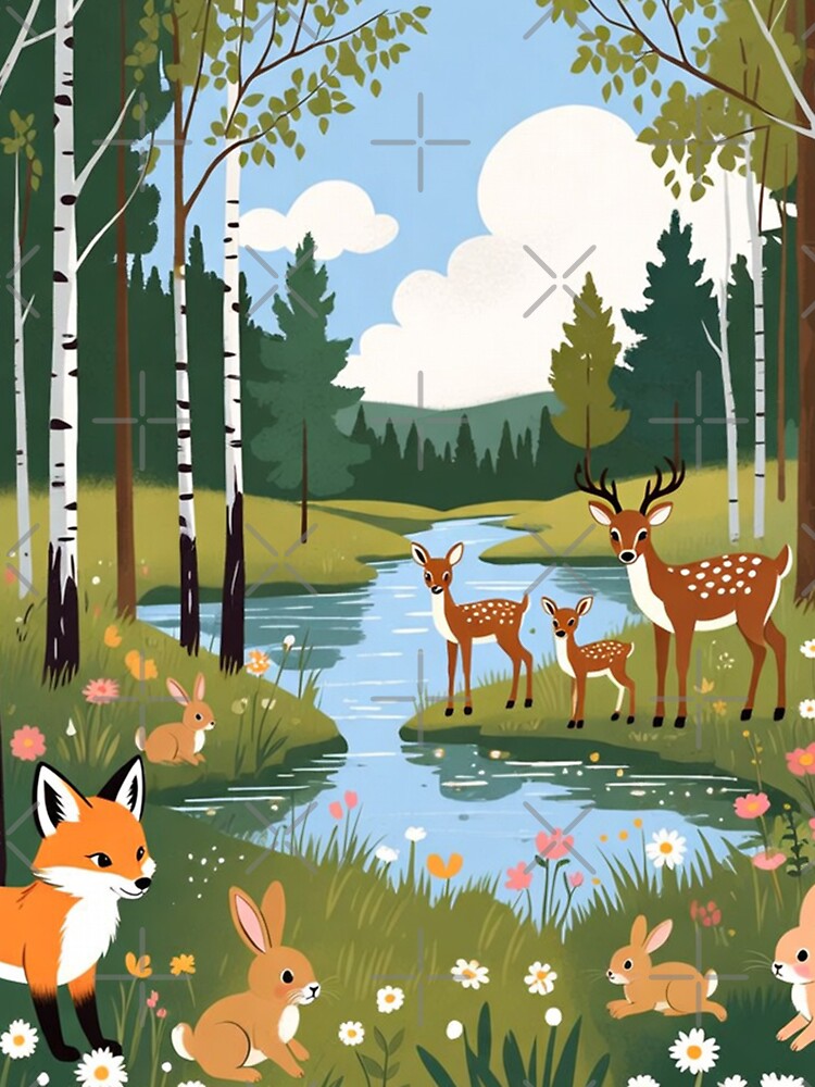 Forest Animals Deer Rabbits Fox Woodland Scene by SassyArtistry