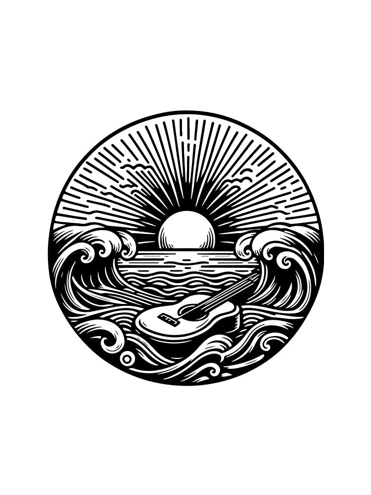 Sunset Ocean Guitar Woodcut Circle by KrisGraphic45