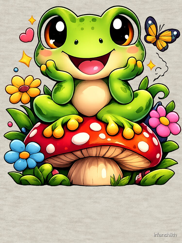 Cute Kawaii Frog Sitting on Mushroom – Happy Frog Cartoon Sticker & T-Shirt by irfanshikh