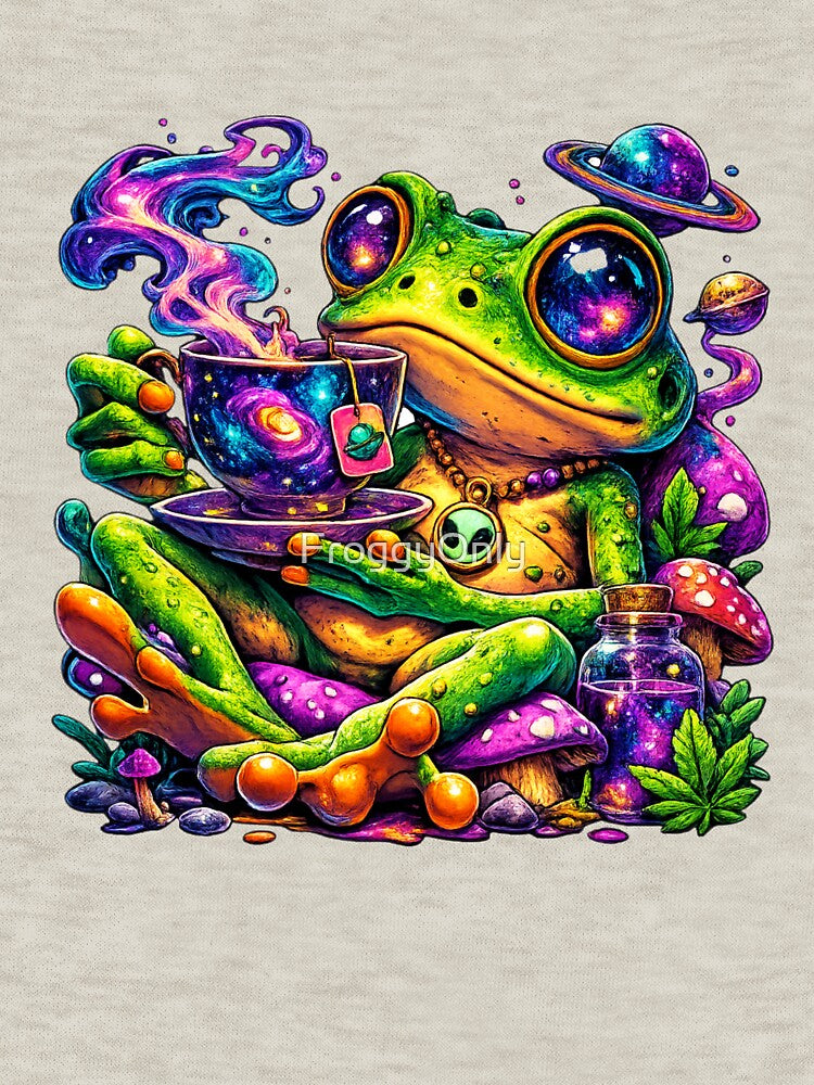 Alien frog drinking cosmic tea by FroggyOnly