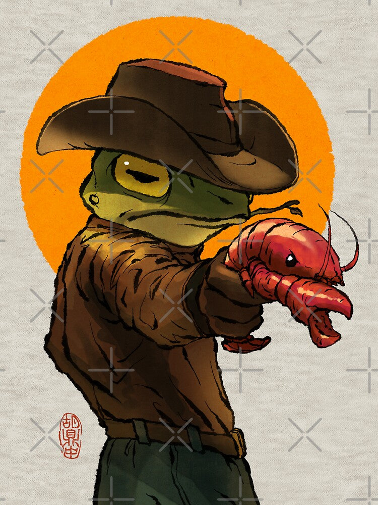 gunslinger cowboy western frog with pistol shrimp crawdad artwork drawing by DingHuArt