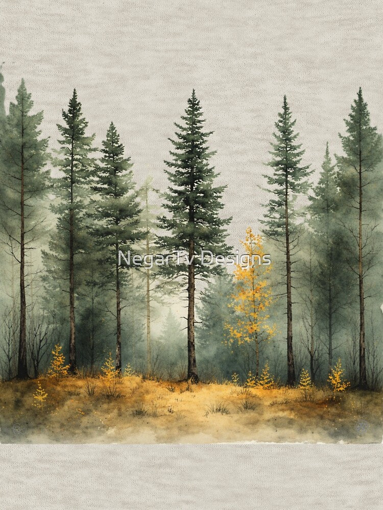 Misty Pine Forest Watercolor Art – Calm Nature Illustration for Cozy Home Decor by NegarTv Designs by NegarTv Designs