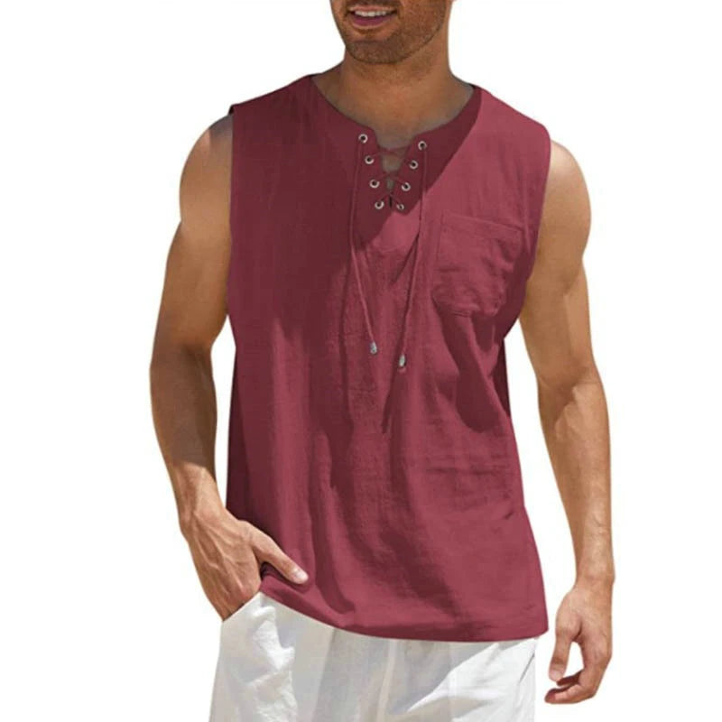 Hot Vest Short Lace-up New Shirt  Sale T-shirt 2024  Color Sleeve Linen Men's