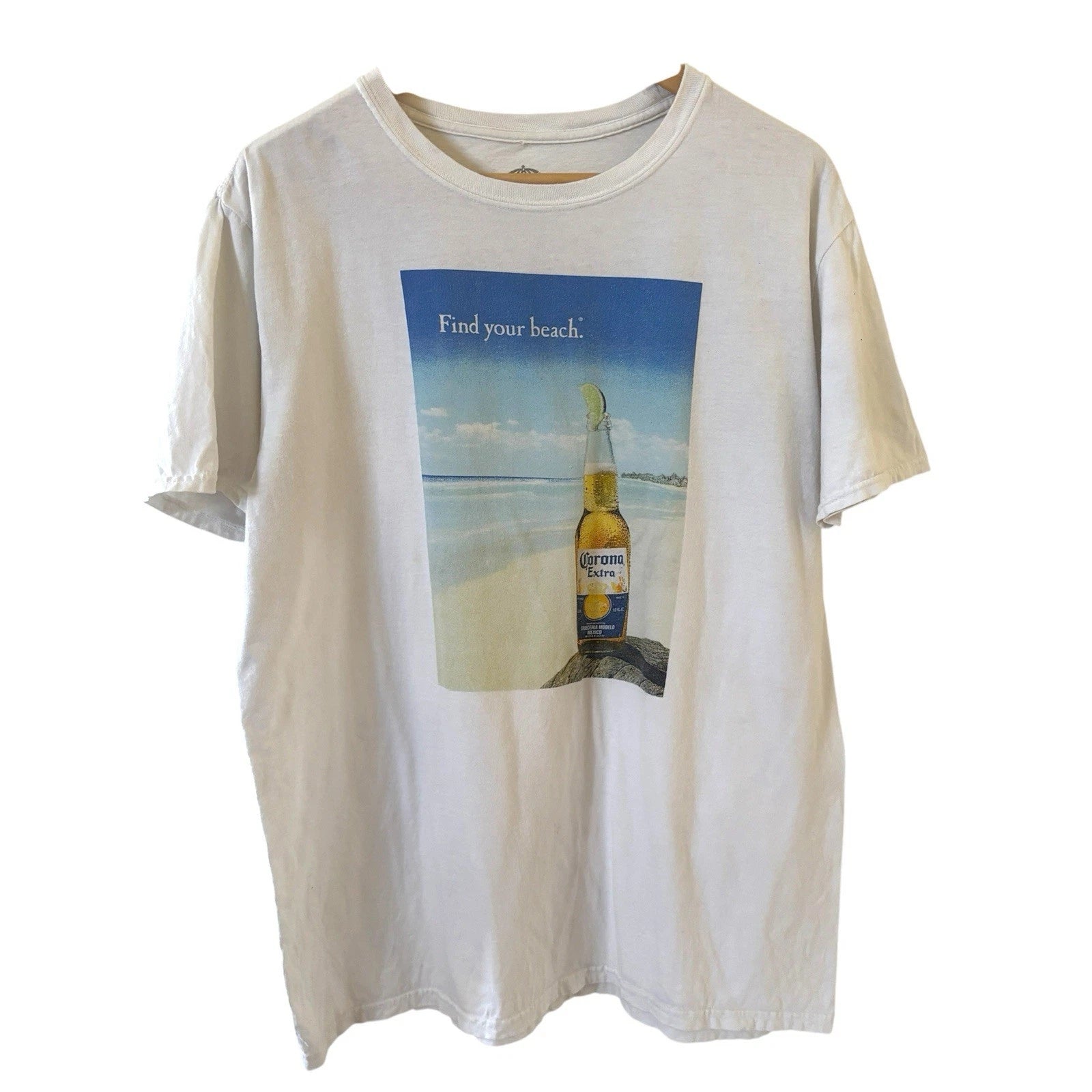 Corona Mens White Shirt Size L Short Sleeve Beer Beach Logo Travel Outdoors USA