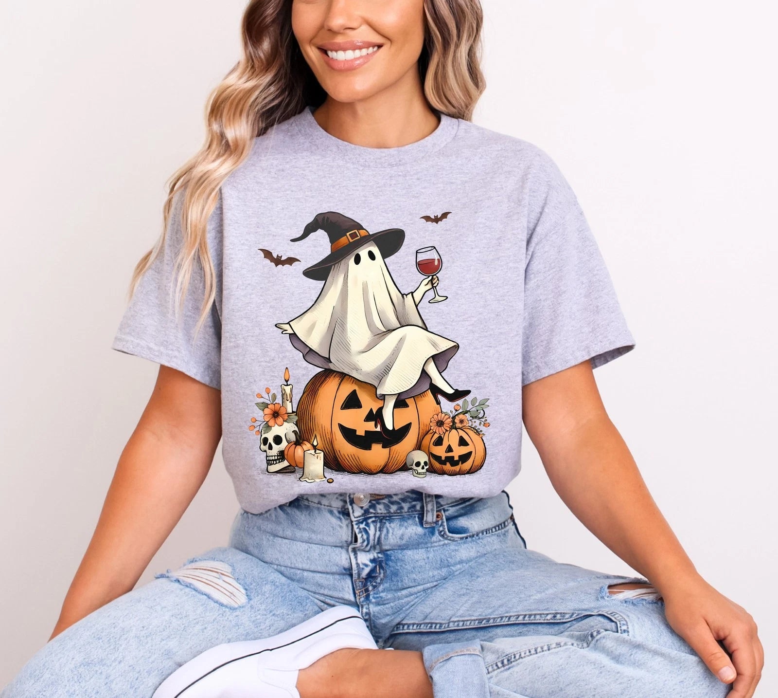 Spooky Ghost T-Shirt, Witch Hat Pumpkin Tee, Funny Boo Wine Lover Shirt