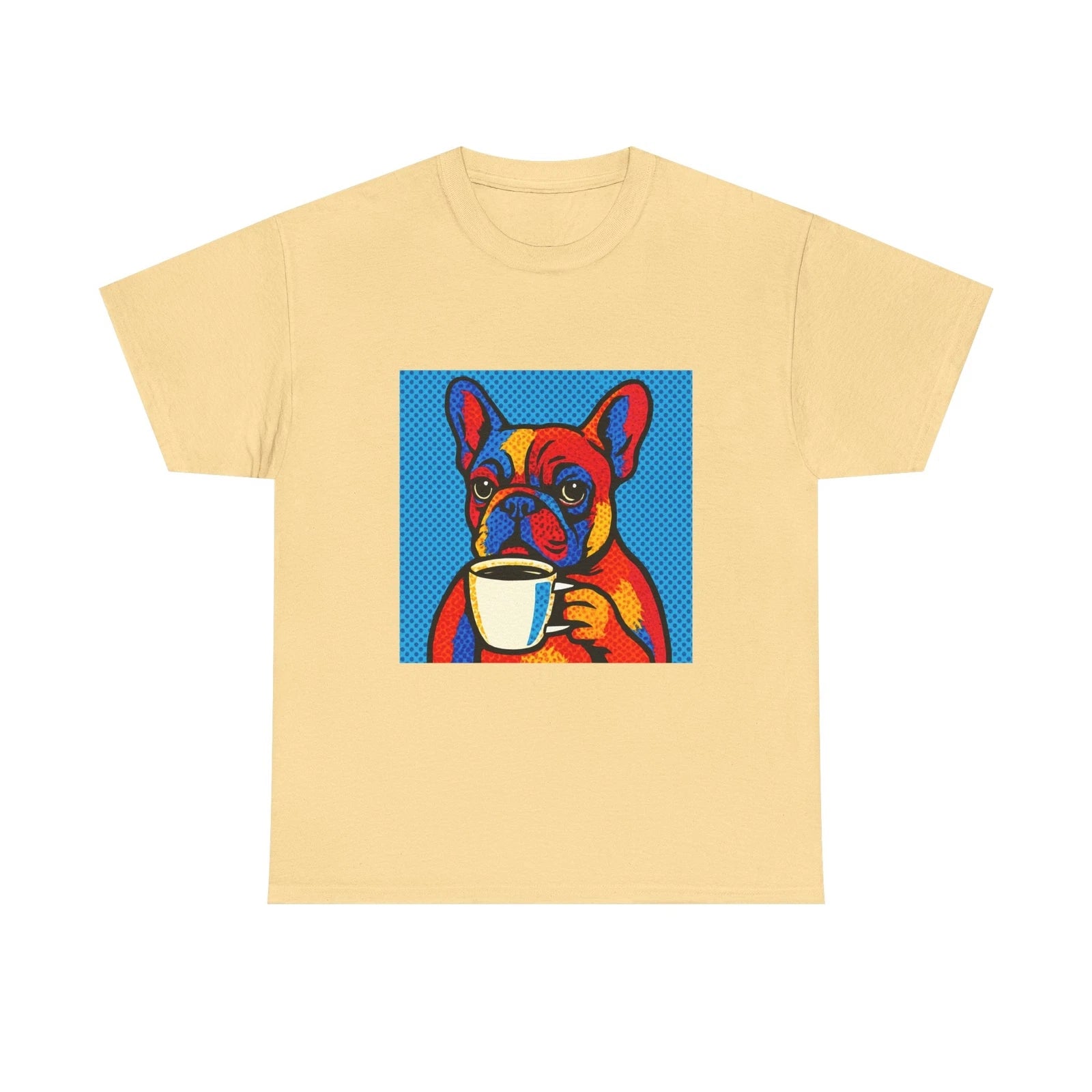 Unisex Adult T Shirt French Bulldog Drinking Coffee Pop Art