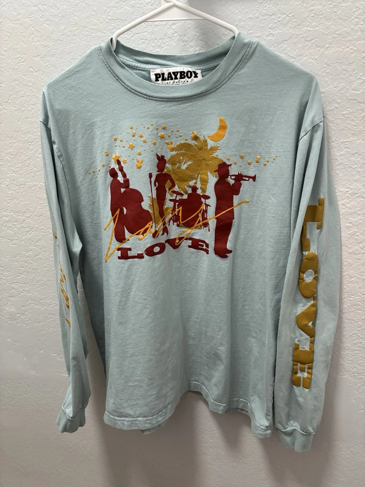 PacSun Playboy Adult Men Long Sleeve T Shirt Small Blue Teal Lazy Love