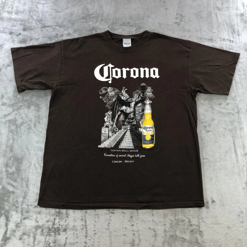 vtg Corona Extra Shirt Mens Large Brown Mayan Ball Game Graphic Beer Tee Mexico