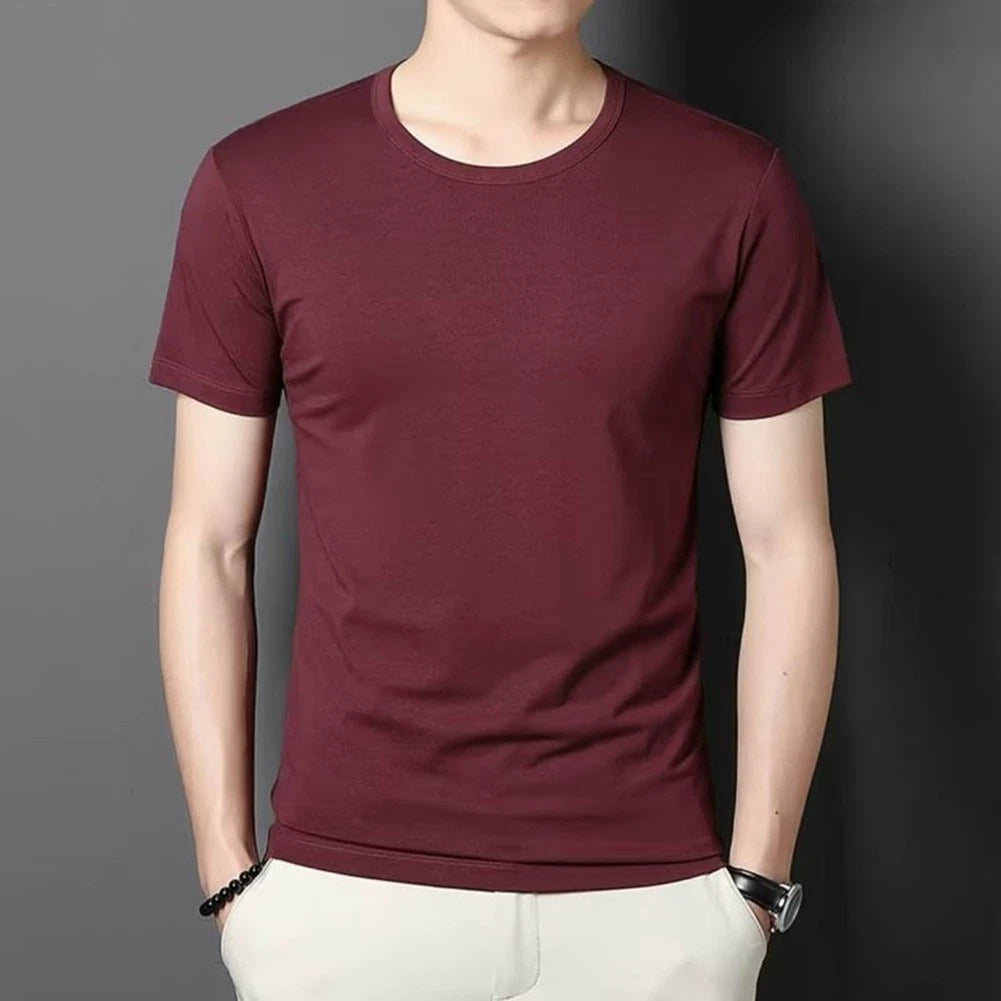 Men's Solid Color Short Sleeve Round Neck Slim Fit T-Shirt for Bottoming Top