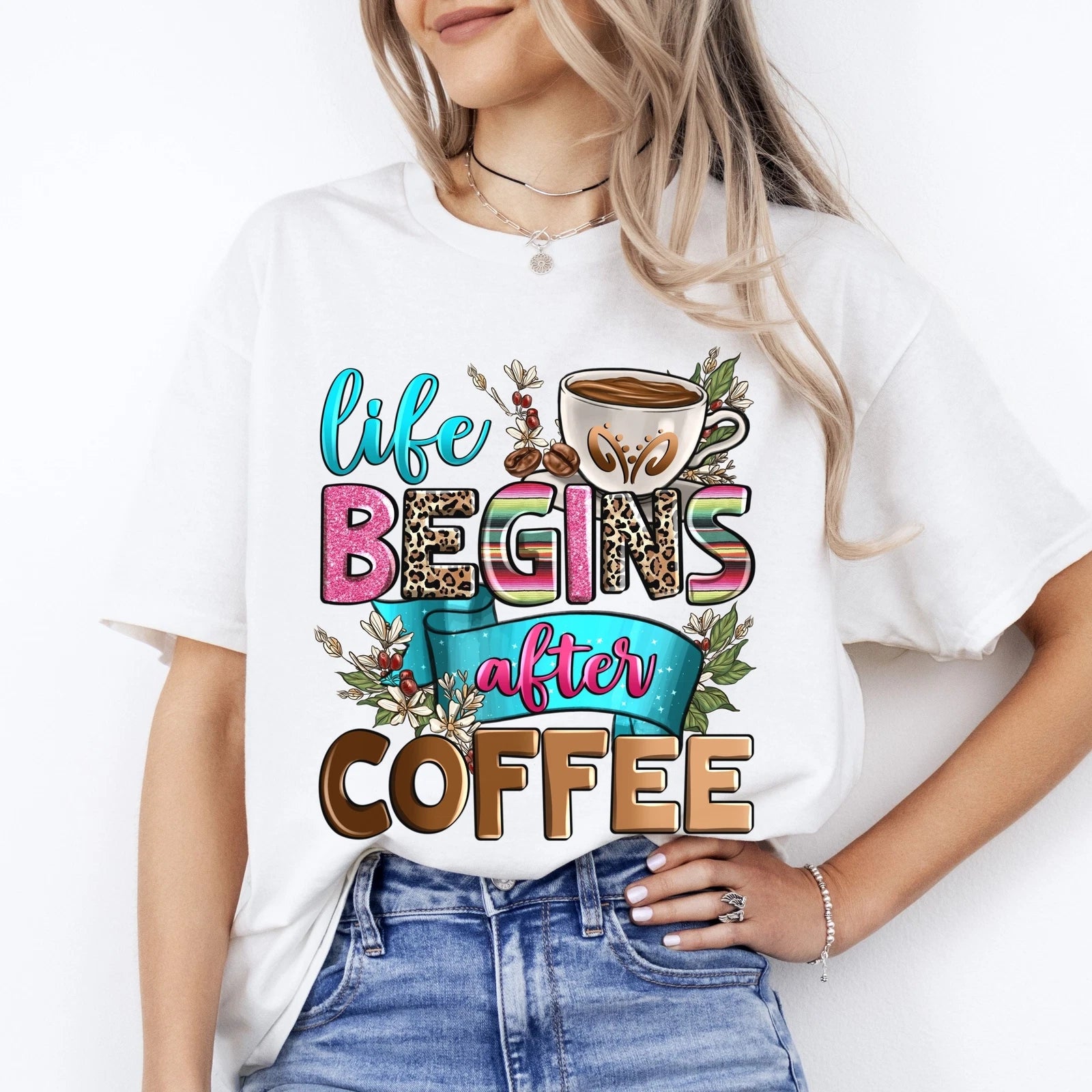 Life begins after coffee T-Shirt gift Morning Coffee lover Unisex Tee Sand White