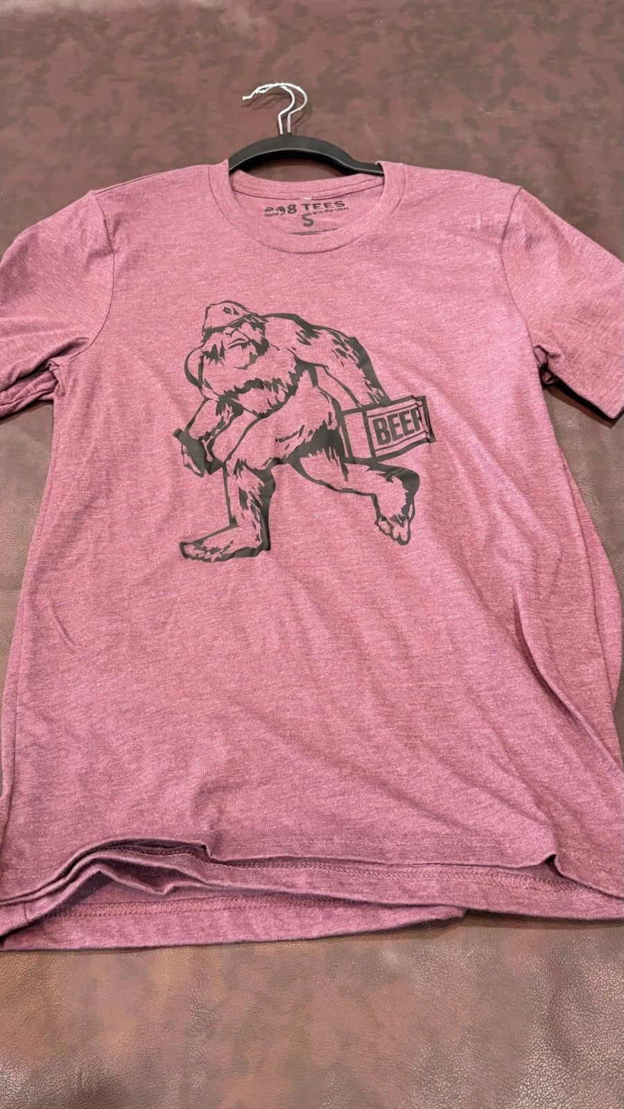 NEW Unisex Small Purple Short Sleeve Tshirt With Bigfoot Carrying Beer