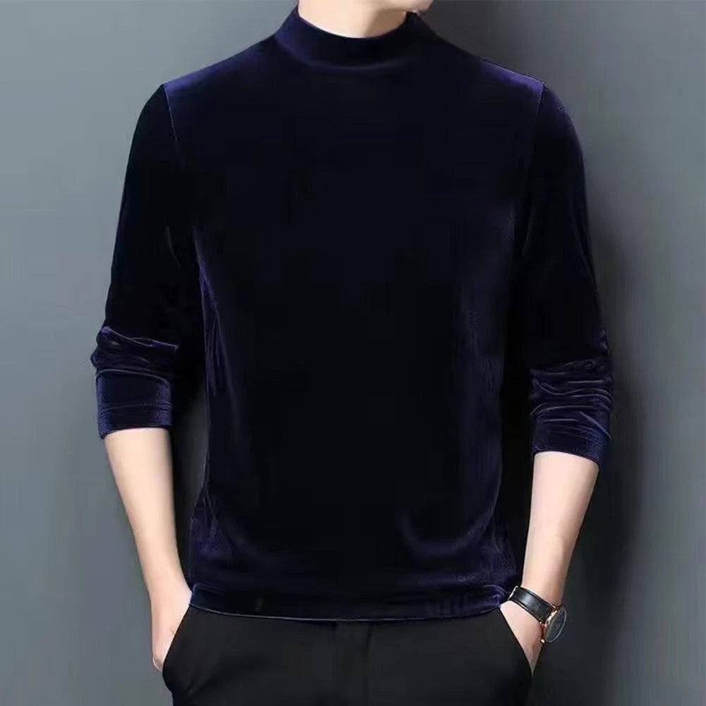 Mens Velvet Half Turtleneck Pullover Long Sleeve Slim Fit Casual Shirt for Men