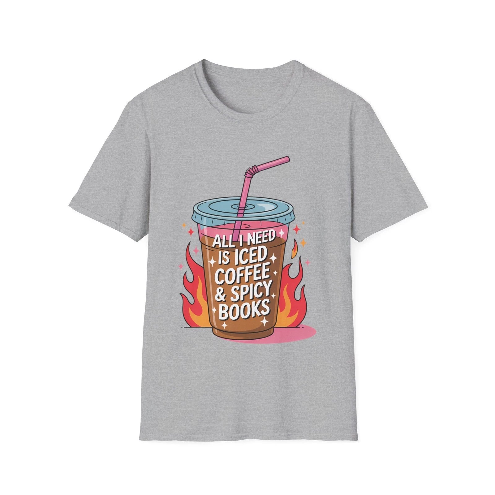 Iced Coffee & Spicy Books T-Shirt | Cute Coffee Illustration
