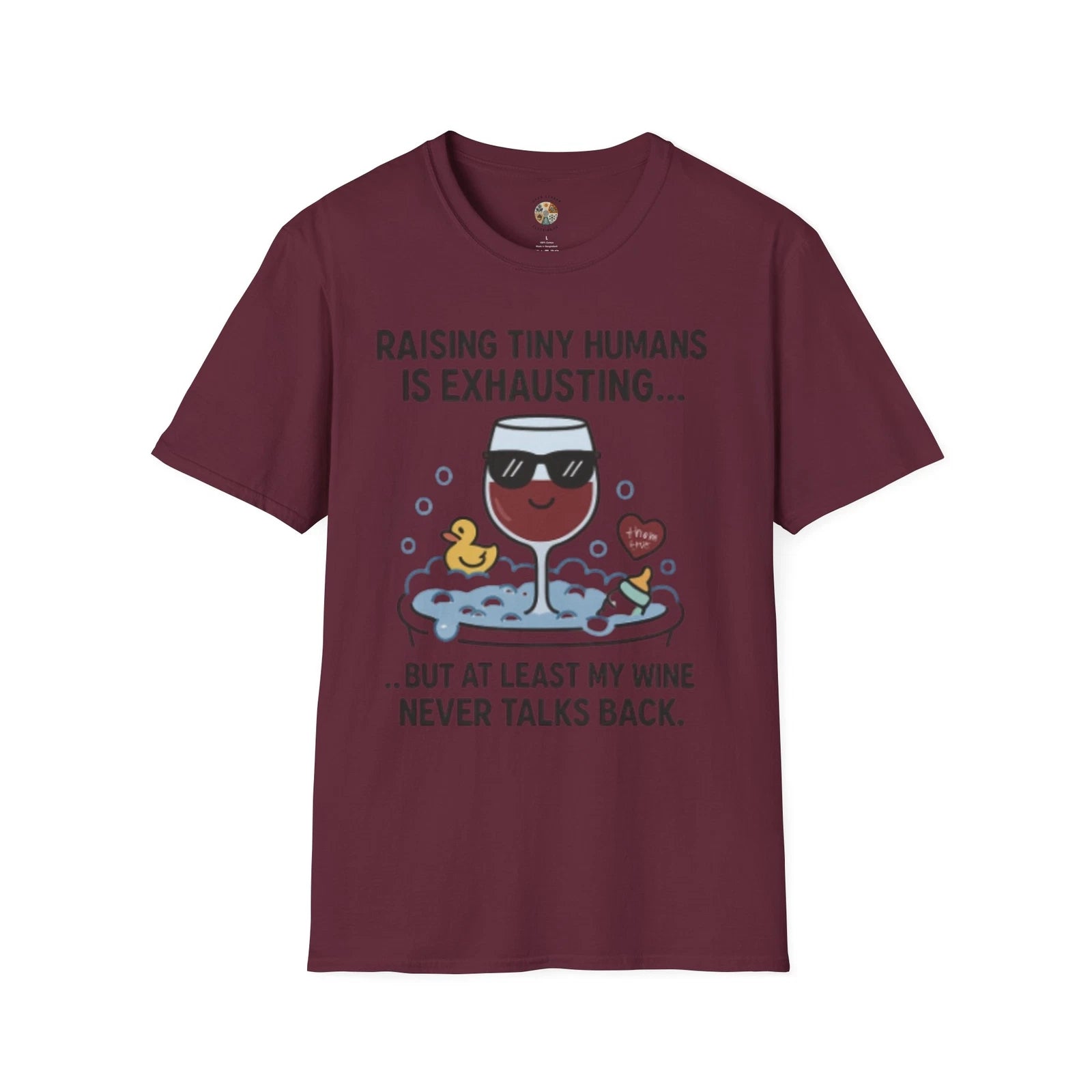 Funny Parenting Wine T-Shirt - Raising Tiny Humans Is Exhausting