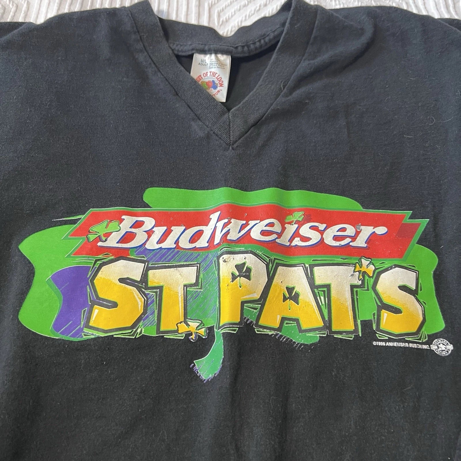 Vintage 1995 Budweiser St. Pat’s V-Neck 3/4 Sleeve Shirt Adult M/L Black EUC