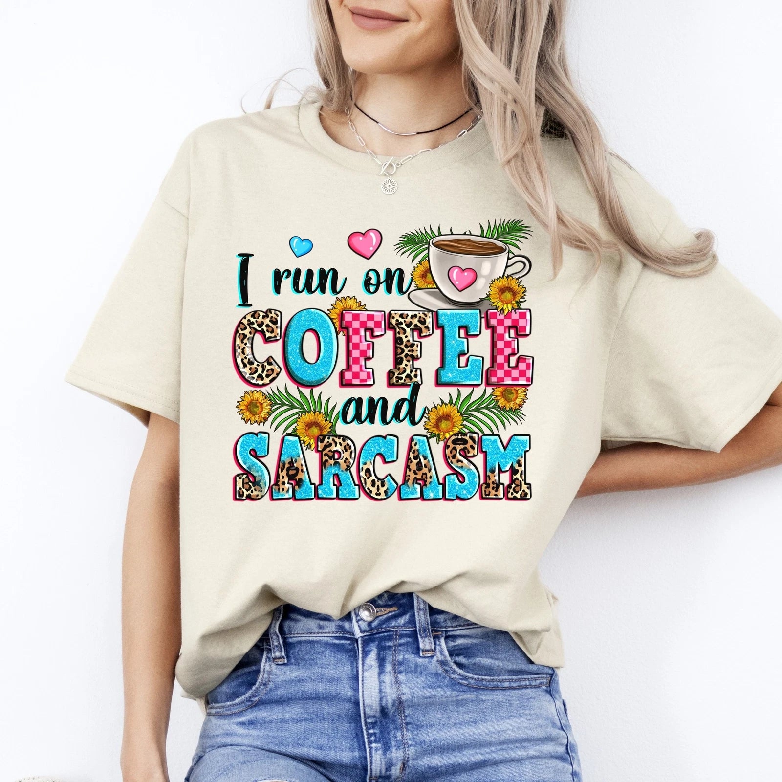 I run on coffee and sarcasm T-Shirt sarcastic coffee hearts flowers Unisex Tee S