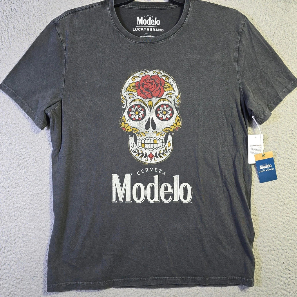 Lucky Brand Modelo Beer Shirt Mens Large Black Faded Cervesa Skull Casual NWT